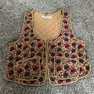 Free People Floral Quilted Vest in Tan and Red